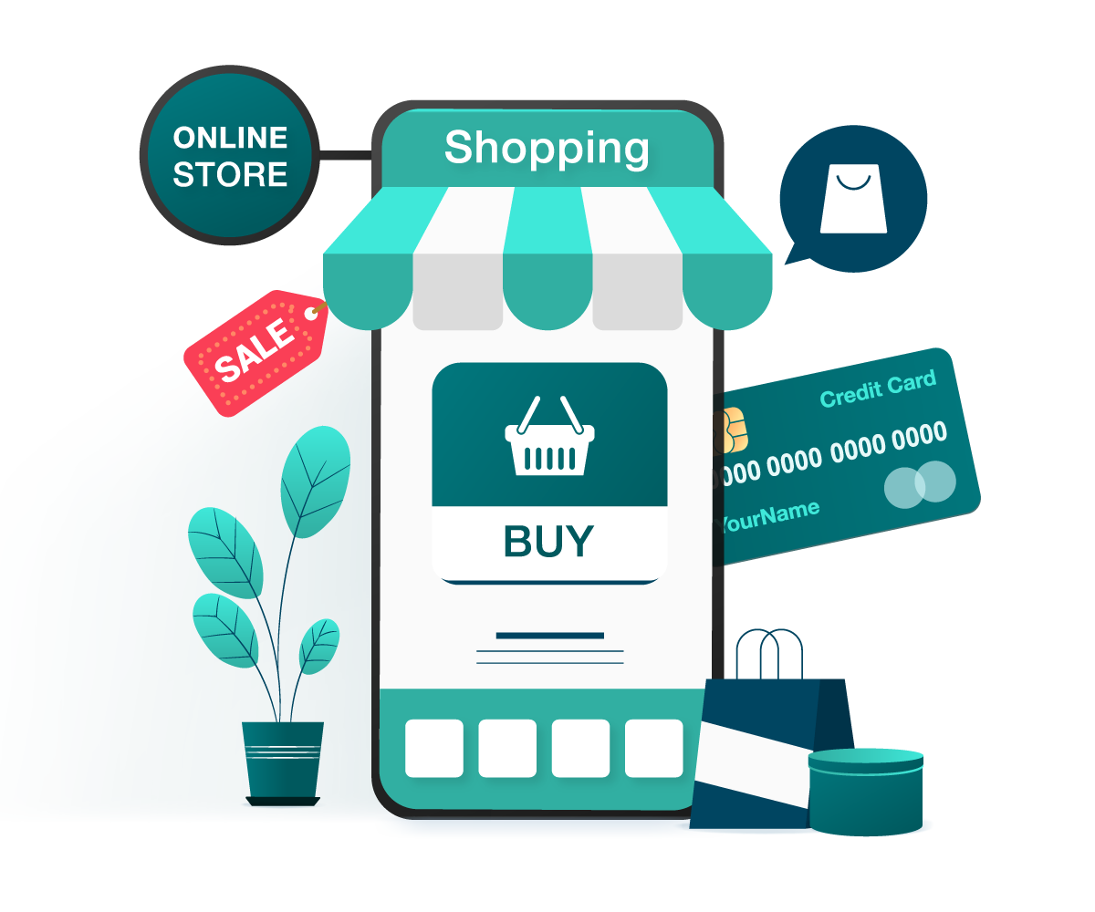 Cartoon online store protruding from mobile phone